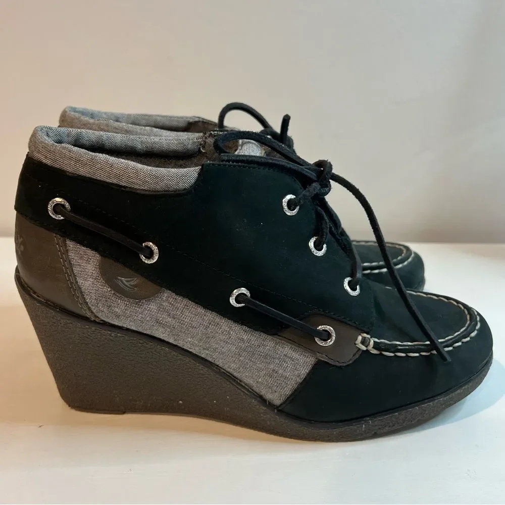 Sperry Top Slider Hadley Wedge booties Black Grey Suede wedges SZ 9